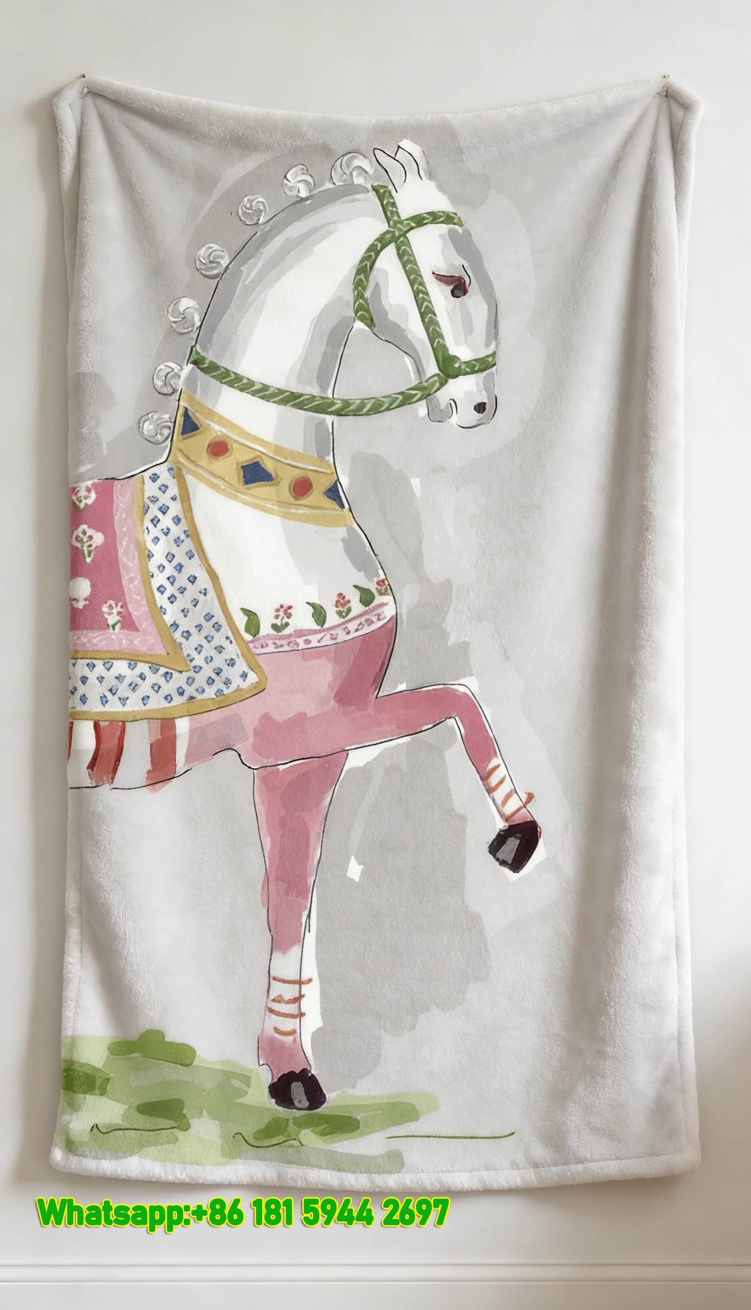 Hermes Whimsical Pink Watercolor Carousel Horse Flannel Throw Blanket IMG_5387